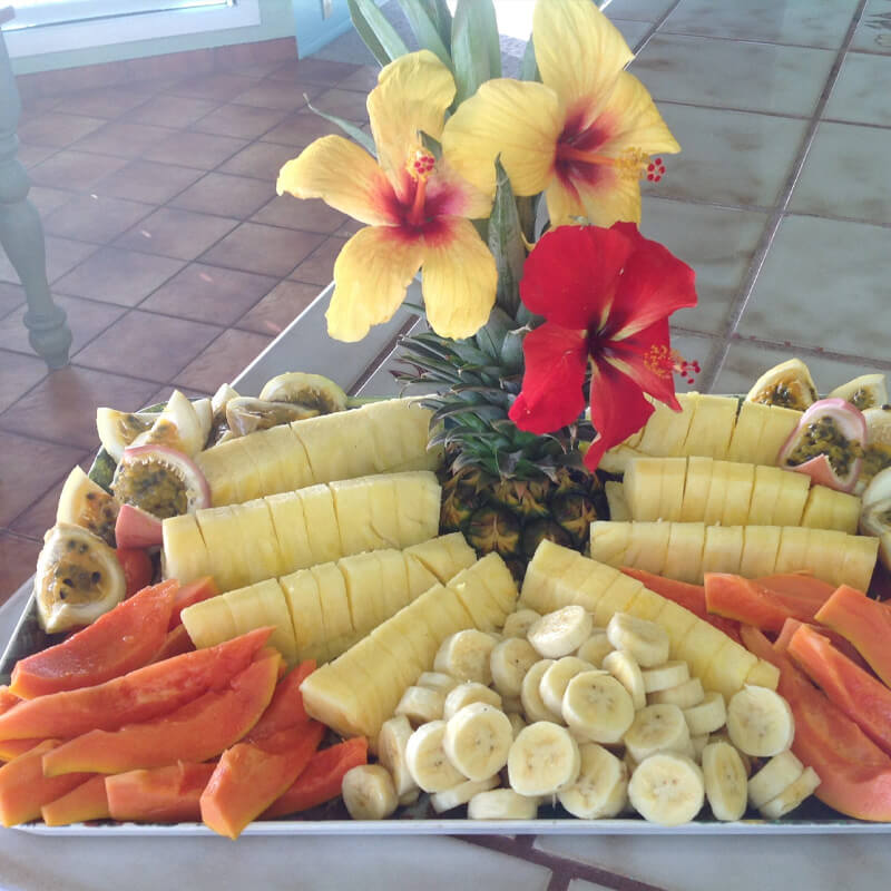 fruit platter with fruit cut into flower shapes
